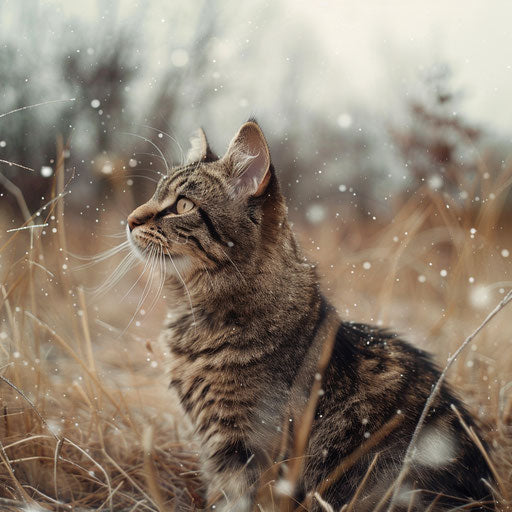 tortoise cat in a field while it is snowing