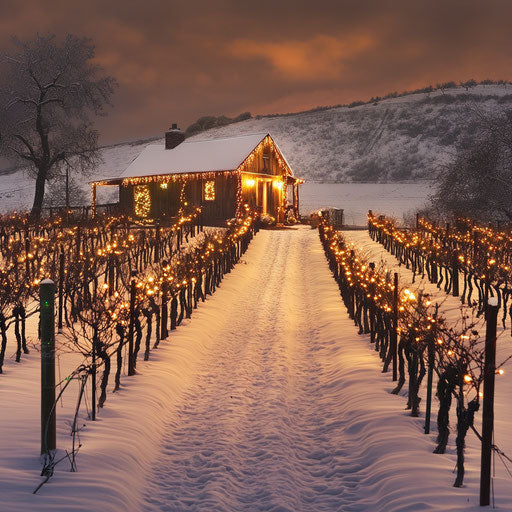 Winter vineyard with snow-covered vines and decorated cottage