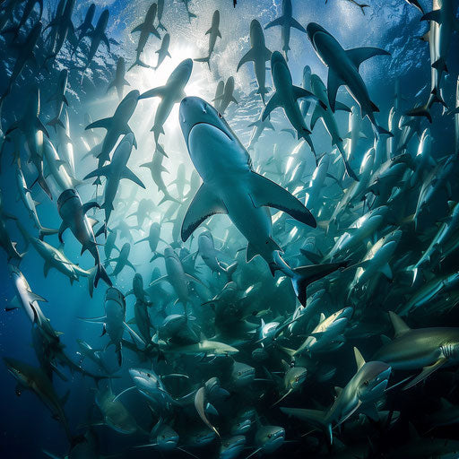 A school of sharks swimming in harmony, exhibiting social behavior