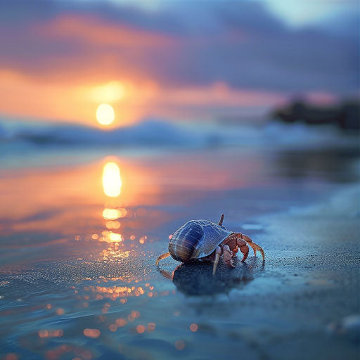 Hermit crab in a serene coastal scene at dawn