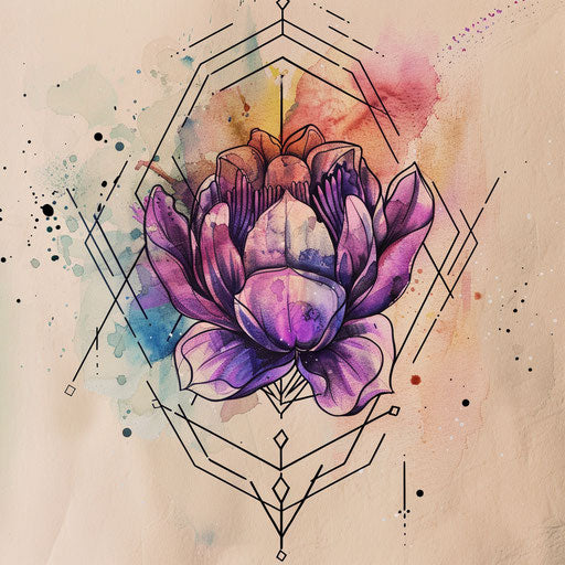 Elegant flat tattoo sketch with watercolor effects in a hexagonal frame
