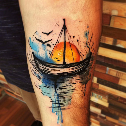 Elegant flat tattoo sketch with watercolor effects of a boat under a serene sunset