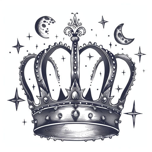 Fantasy style queen crown tattoo with magical elements on white background