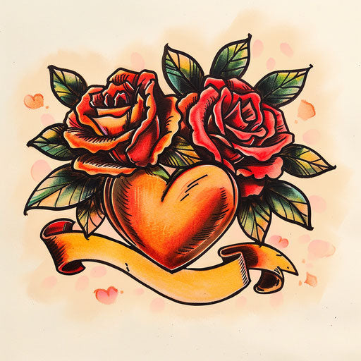 Vintage tattoo design with heart, banner, and roses