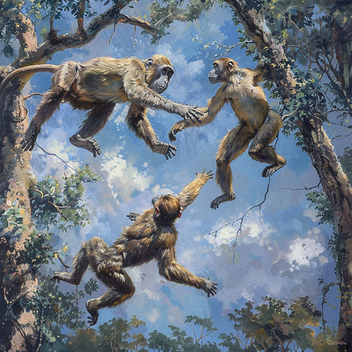 Dynamic monkeys playing tag in treetops