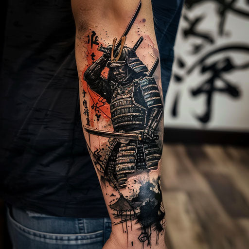 Forearm tattoo with samurai warrior, in the style of Adrian Smith