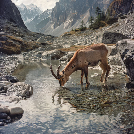 Ibex drinking from a clear mountain stream