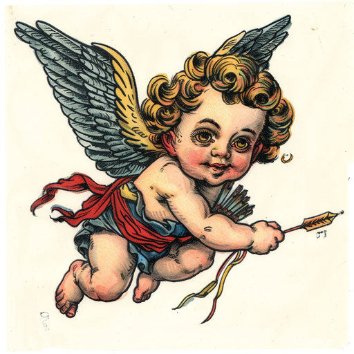 Playful cherub tattoo design with cartoon-like features and bold colors on a white background