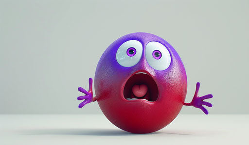 Cute yell of purple emoji with open mouth and hands