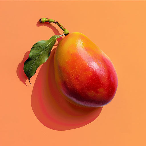 Realistic mango clipart on a flat sunset orange background