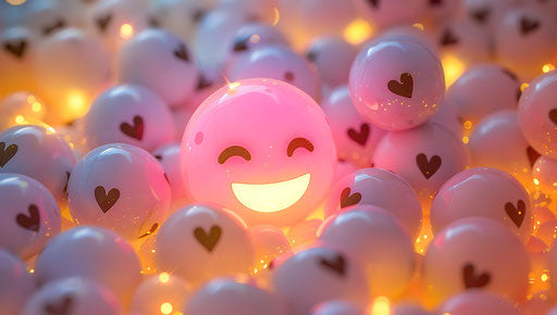 Cute pink and yellow face surrounded by glowing white balls