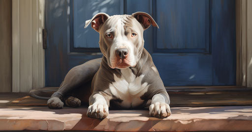 Grey and white dog in front of house, blue and beige style