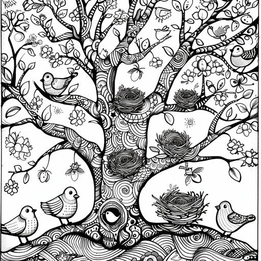 Whimsical tree filled with birds and nests, perfect for spring