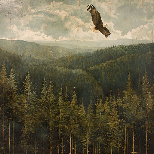 Bald eagle soaring over vast, undisturbed forest
