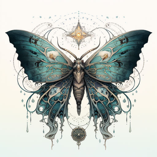 Blue moth artwork, linear style, gothic illustration