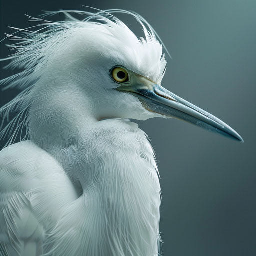 Close-up portrait of an egret bird, in the style of Tim Flach