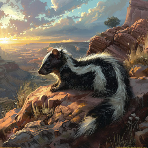 Eastern spotted skunk in last sunlight rays on rocky hillside