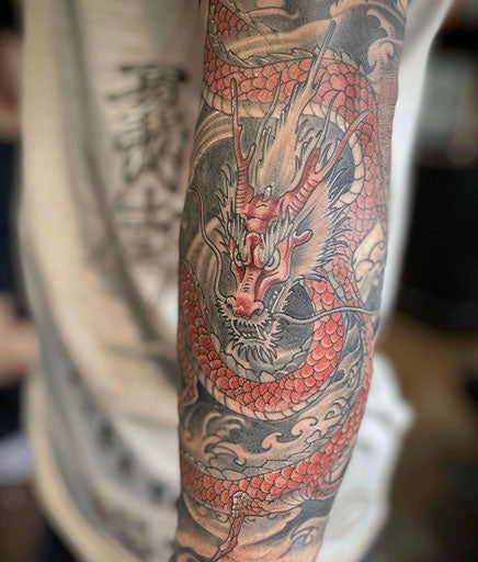 Red dragon tattoo, dark beige and red style