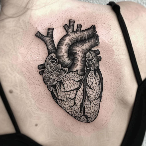 Anatomical heart tattoo with lace pattern overlay, delicate and intricate