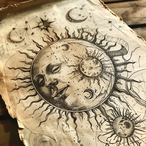 Vintage tattoo sketch sun and moon, classic ink style
