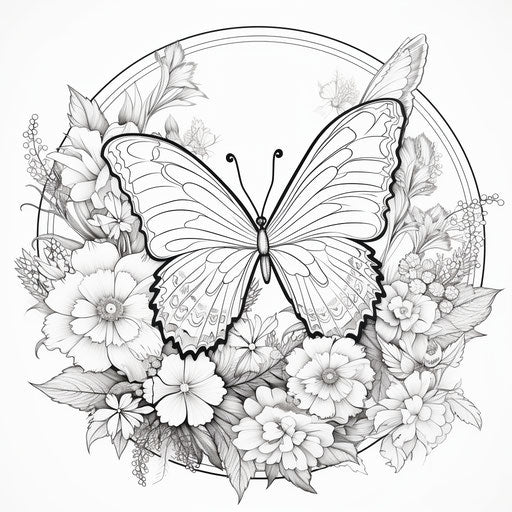 Adult coloring pages with flowers framed round the butterfly and butterflies, in the style of #screenshotsaturday, delicate markings