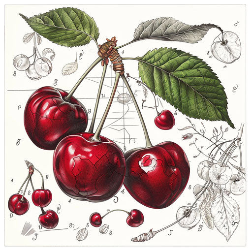 Botanical cherry tattoo, accurate anatomy on white background