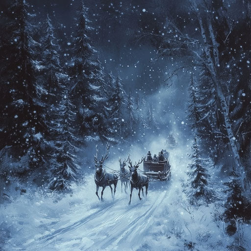 Deer pulling a sleigh through a snowy forest