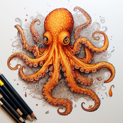 Orange octopus with eyes and tentacles, detailed crosshatching
