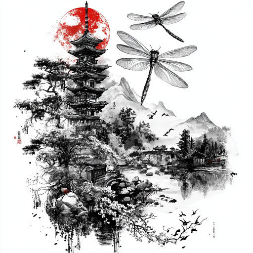 Yakuza back tattoo with mystical dragonfly in Japanese landscape