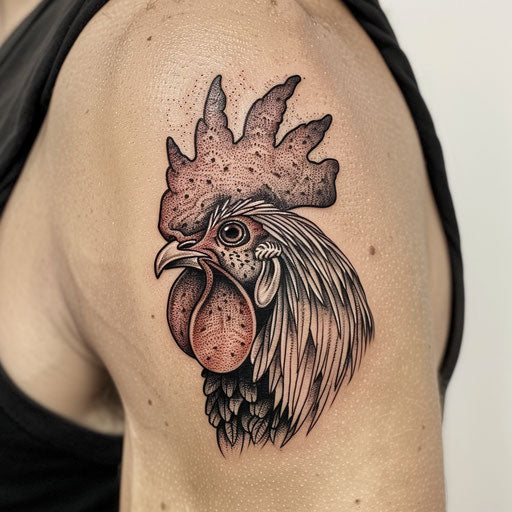 Realistic portrait style rooster tattoo, depth and texture