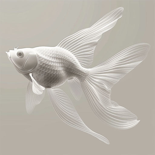 Goldfish clipart in photo realistic style with a flat random background, monochrome palette and detailed wings