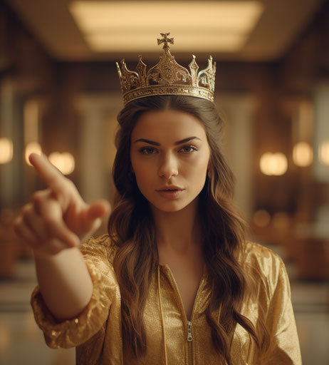 Young woman with crown pointing to camera