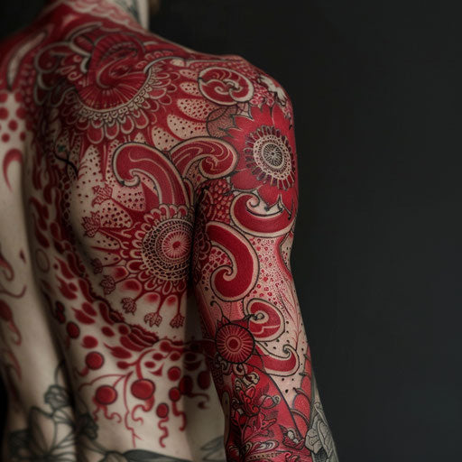 Red tattoos with intricate details