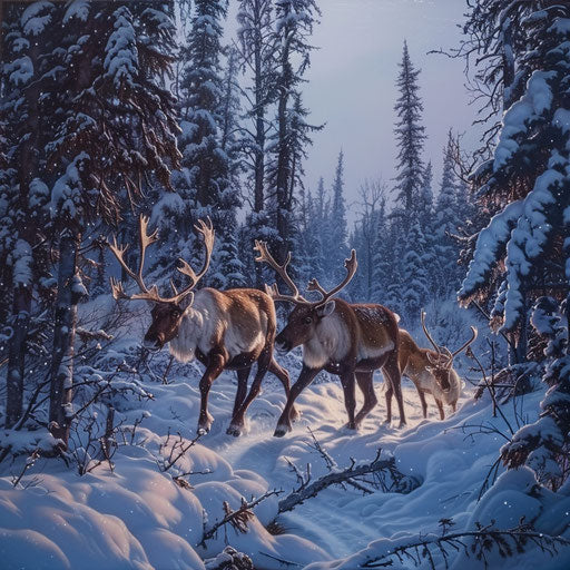 A family of woodland caribou moving silently through a snowy forest in the early dawn