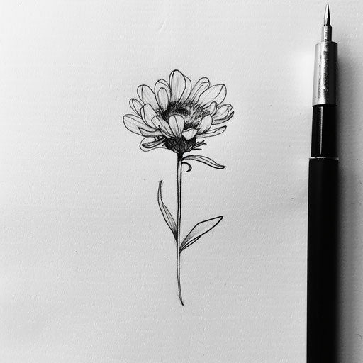 Minimalist black and white tattoo sketch of an aster flower with fine line details