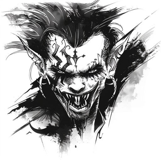 Stylized flat tattoo sketch of a vampire with tribal markings