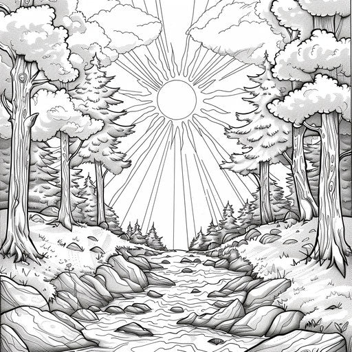 Magical forest bathed in sunlight