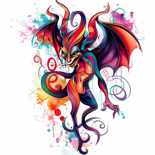 Colorful devil cartoon tattoo on white background