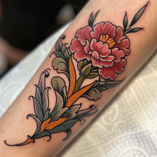 Neo-traditional carnation tattoo with bold lines and vivid colors, presented on a white background