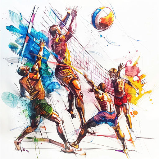 Dynamic beach volleyball scene on white background