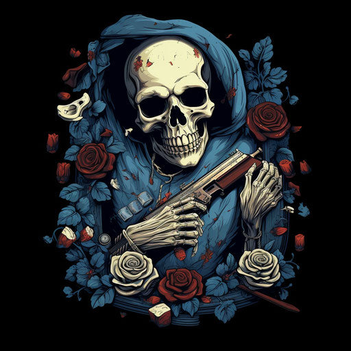 The t shirt with the skull holds a poker chip and a gun