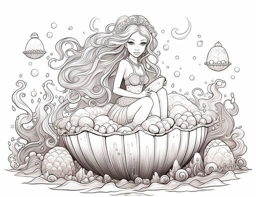 Mermaid with pearl sitting in mermaid shell coloring pages