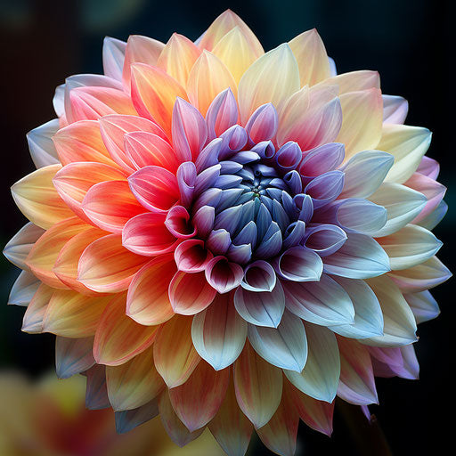 Dahlia flower with blooms and center in pink, yellow, red, and blue, light yellow and dark bronze style