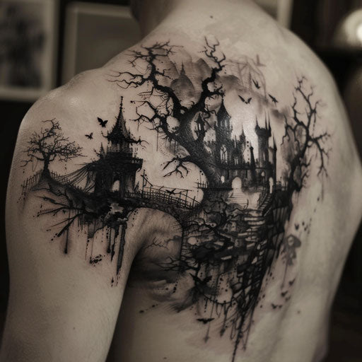 Dark and gothic shoulder tattoos with sinister creatures