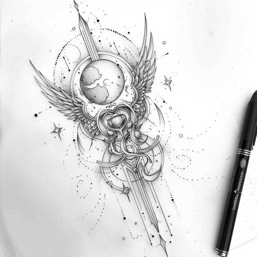 Celestial xo tattoo sketch with angel wings and celestial bodies