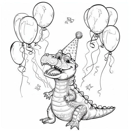 Happy crocodile with a birthday hat and balloons.