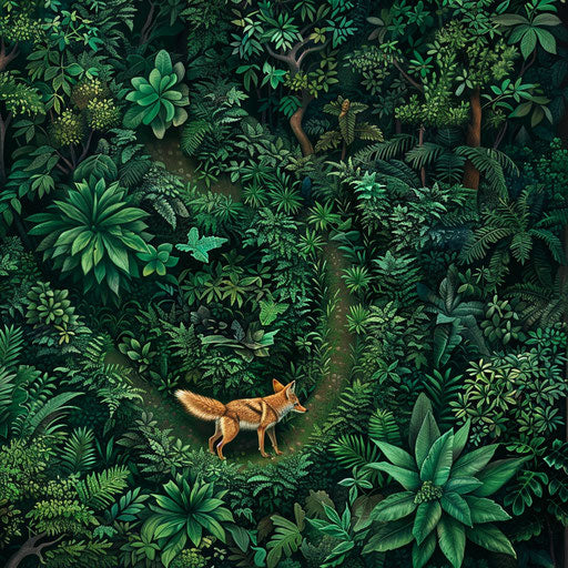 Coyote skillfully navigating dense rainforest