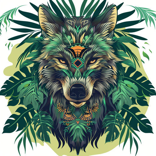 Exotic flat tattoo sketch of werewolf with tribal markings and vibrant jungle greens