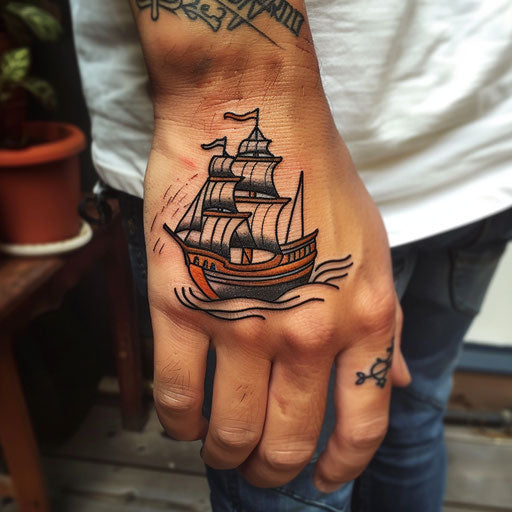 Tiny hand tattoos of a pirate ship in Sailor Jerry style