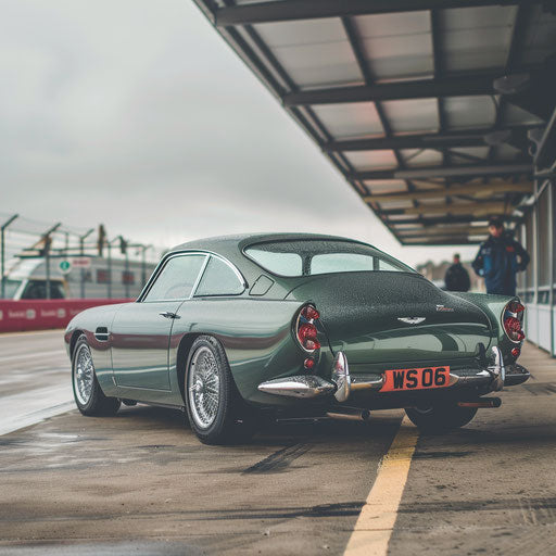 Classic Aston Martin DB6 with fat tires and supercharged engine, parked at a historic British racing circuit